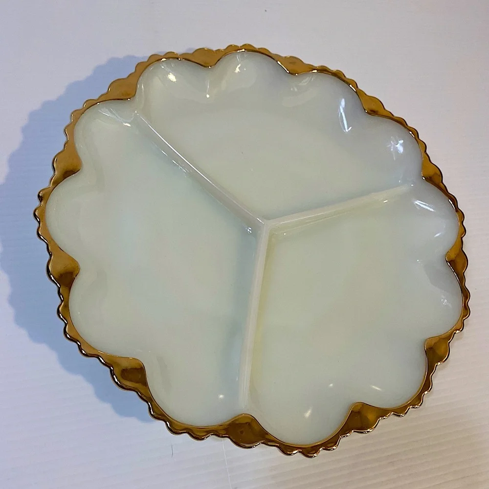 Vintage Antique Divided Serving Dish Holiday Depression Milk Glass White Gold